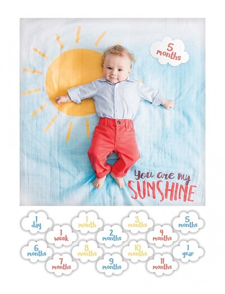 Lulujo Baby - Kit Primo Anno Deluxe - Copertina Swaddle in Mussola di Cotone + 14 Cards, You Are My Sunshine