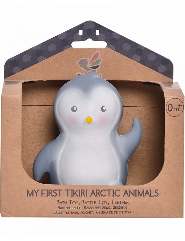 Tikiri - 3-in-1 Sonaglio Pinguino, Massaggiagengive, Gioco da Bagno, My First Arctic Animals - 100% Caucciù Naturale