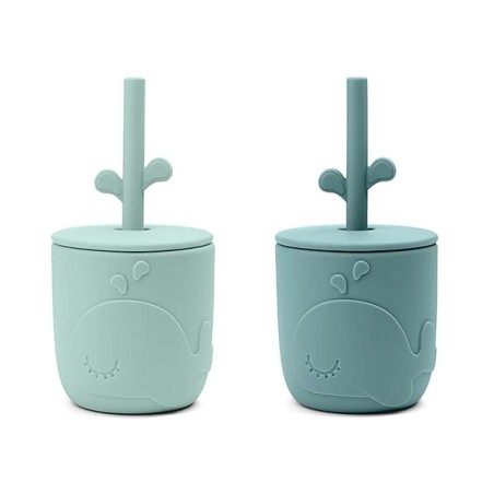 Donebydeer - Set Due Tazze Con Coperchio e Cannuccia - Peekaboo -Wally - Blue - Silicone